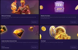 SpinBet bonuses including Welcome Package, Weekly Free Spins, Black Diamond Club access, and The Vault feature